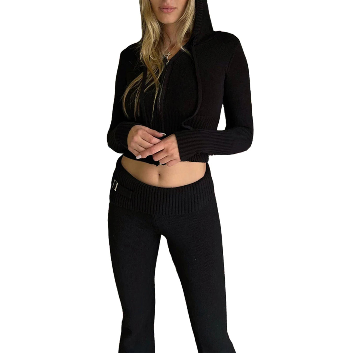 Ribbed Knit Lounge Set For Women Zip Hoodie And Wide-Leg Pants