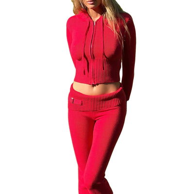 Ribbed Knit Lounge Set For Women Zip Hoodie And Wide-Leg Pants