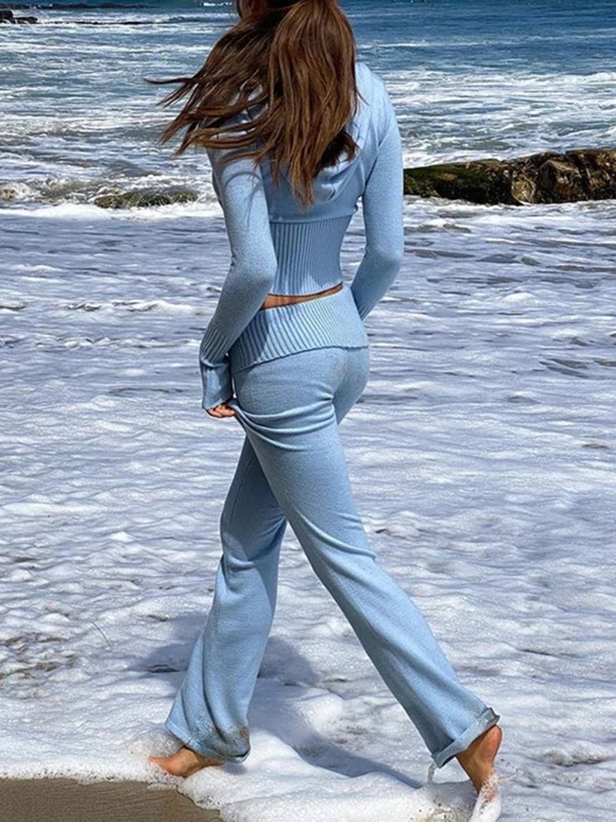 Ribbed Knit Lounge Set For Women Zip Hoodie And Wide-Leg Pants