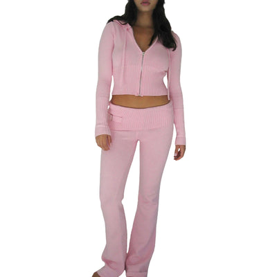 Ribbed Knit Lounge Set For Women Zip Hoodie And Wide-Leg Pants