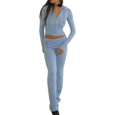 Ribbed Knit Lounge Set For Women Zip Hoodie And Wide-Leg Pants