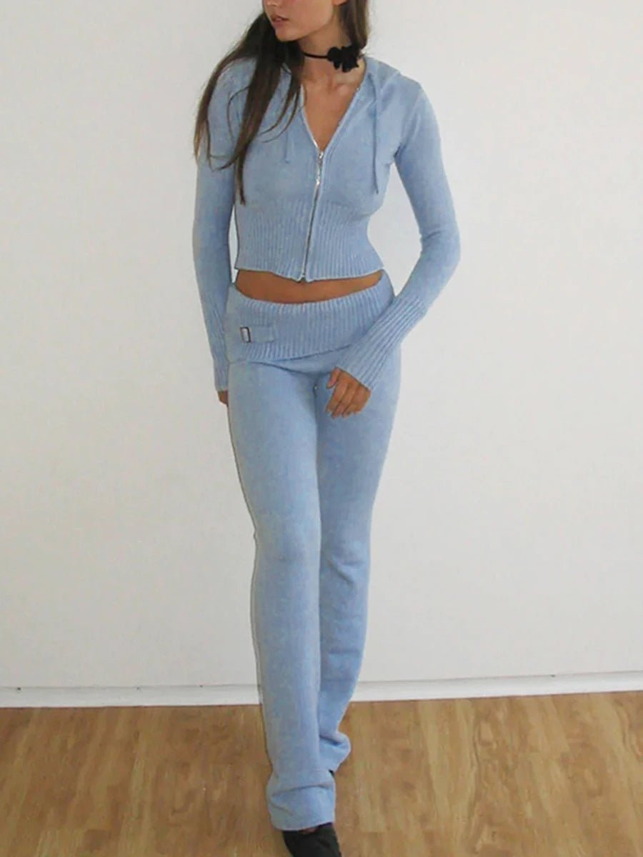 Ribbed Knit Lounge Set For Women Zip Hoodie And Wide-Leg Pants