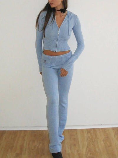 Ribbed Knit Lounge Set For Women Zip Hoodie And Wide-Leg Pants