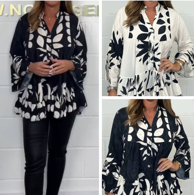 V-Neck Floral Top With Flared Sleeves And Ruffle Hem