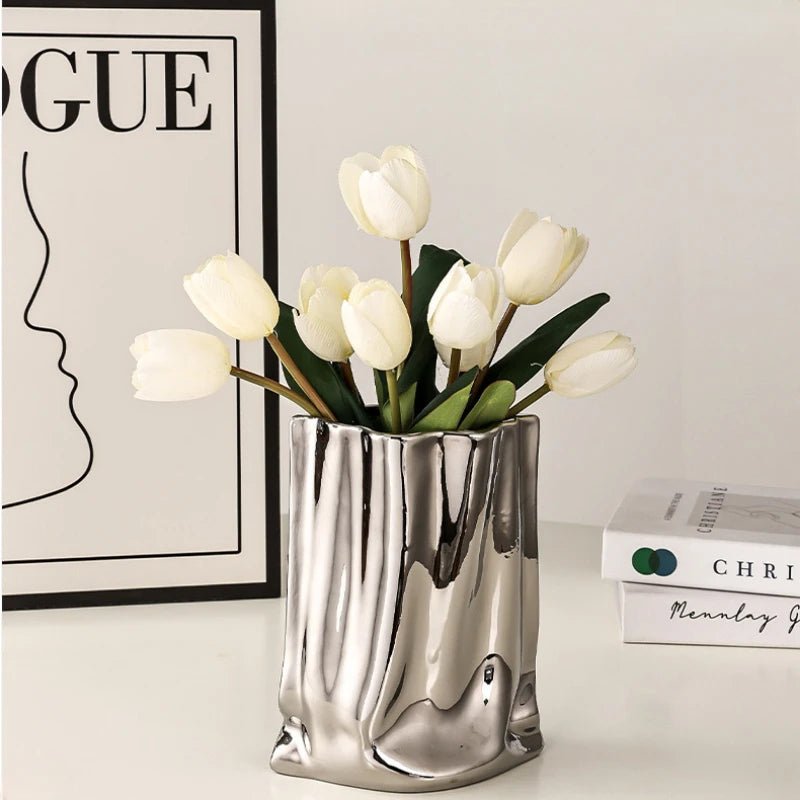 Silver Ceramic Flower Vase Elegant Electroplated Floral Decor Accent