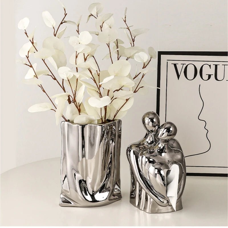 Silver Ceramic Flower Vase Elegant Electroplated Floral Decor Accent