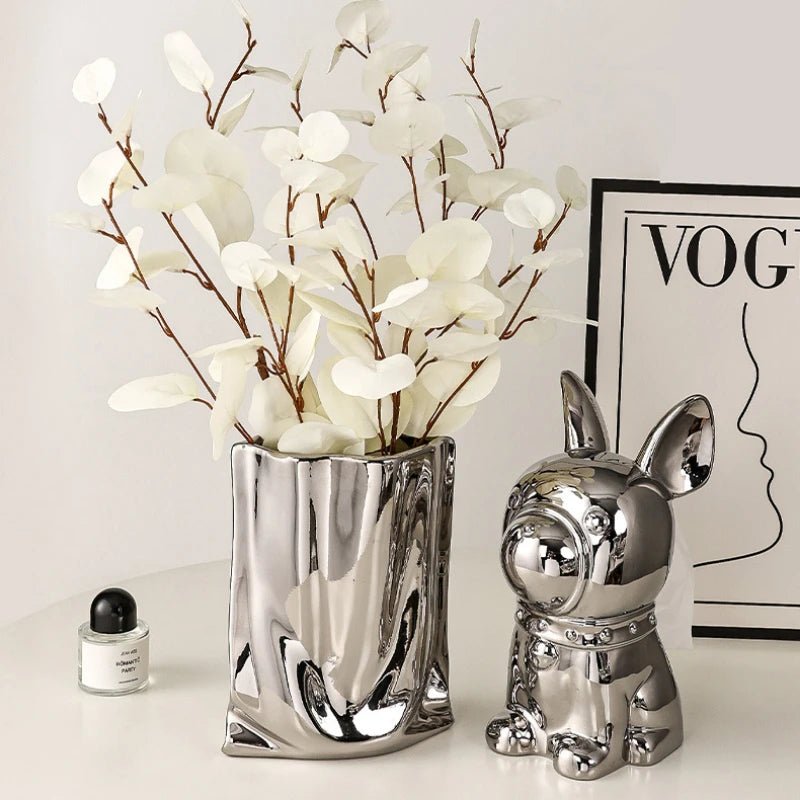 Silver Ceramic Flower Vase Elegant Electroplated Floral Decor Accent