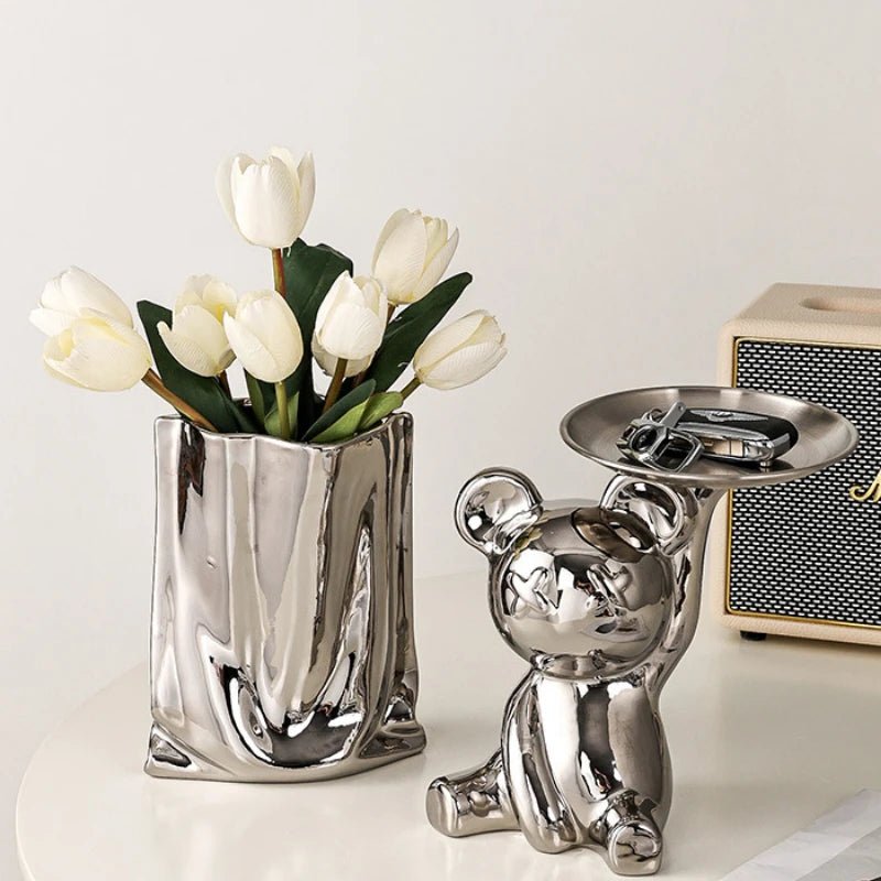 Silver Ceramic Flower Vase Elegant Electroplated Floral Decor Accent