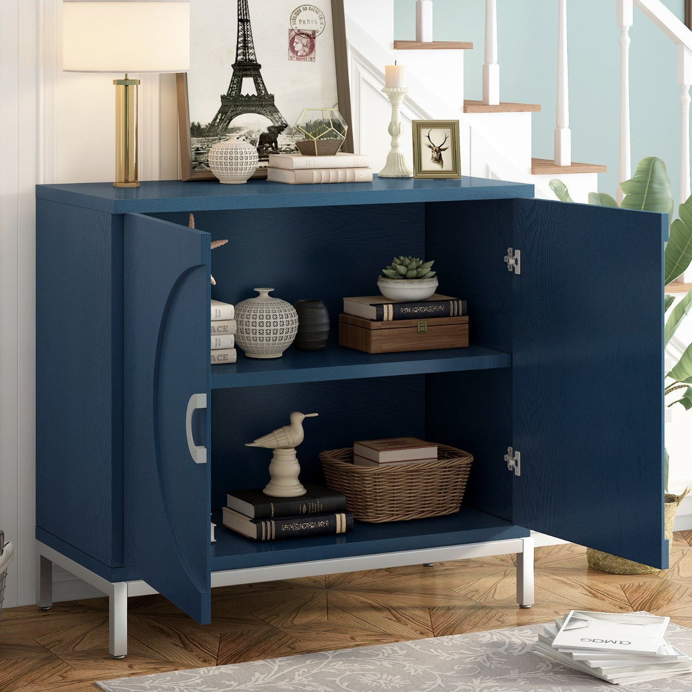 Storage Cabinet With Solid Wood Veneer And Metal Frame Navy