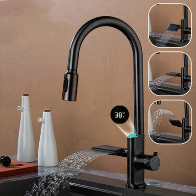 Digital Kitchen Faucet With Waterfall Design And Pull-Out Sprayer