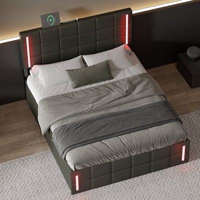 Full Size LED Storage Bed With Upholstery USB Charging And Hydraulic Storage