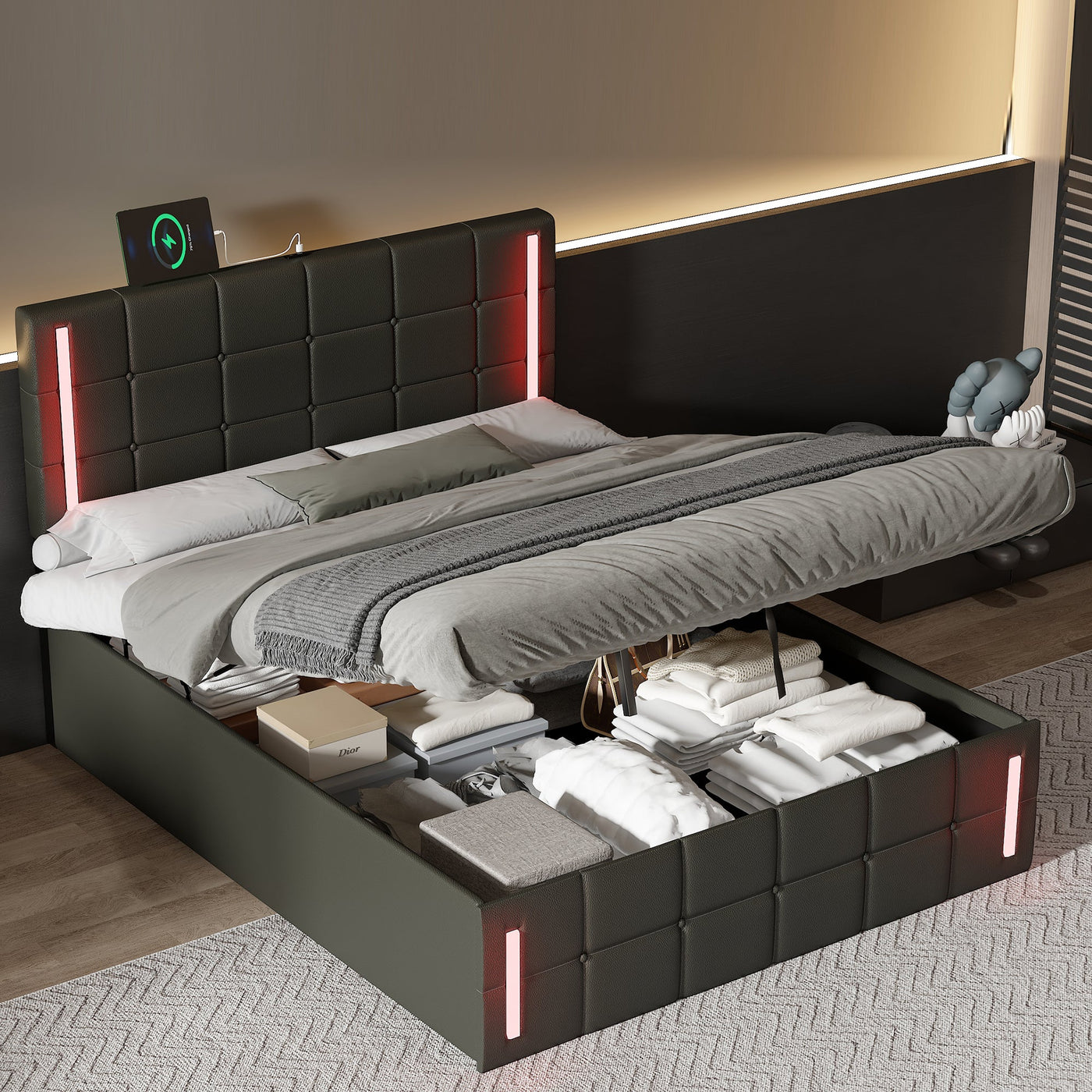 Full Size LED Storage Bed With Upholstery USB Charging And Hydraulic Storage