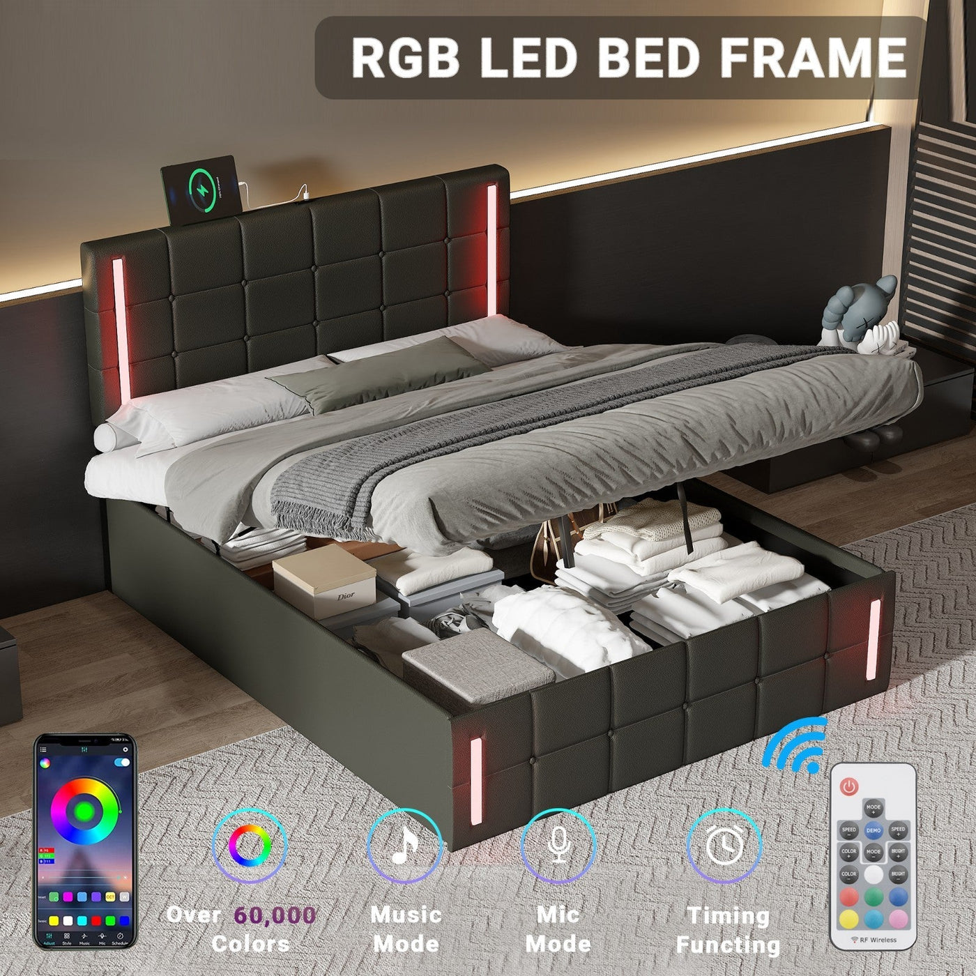 Full Size LED Storage Bed With Upholstery USB Charging And Hydraulic Storage