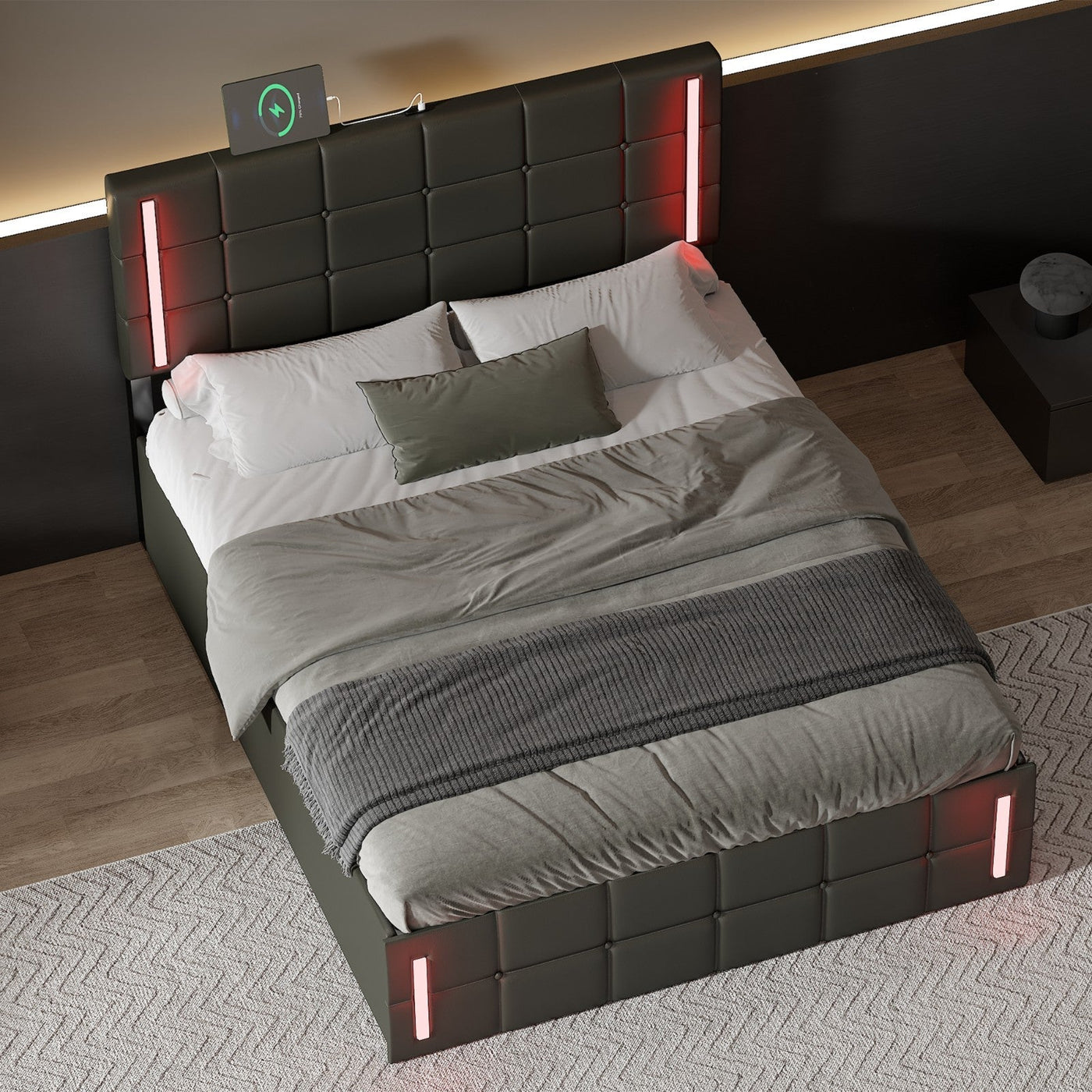 Full Size LED Storage Bed With Upholstery USB Charging And Hydraulic Storage