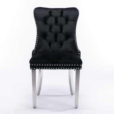 Solid Wood Dining Chair Velvet Cushion Chrome Steel Nail Legs Set