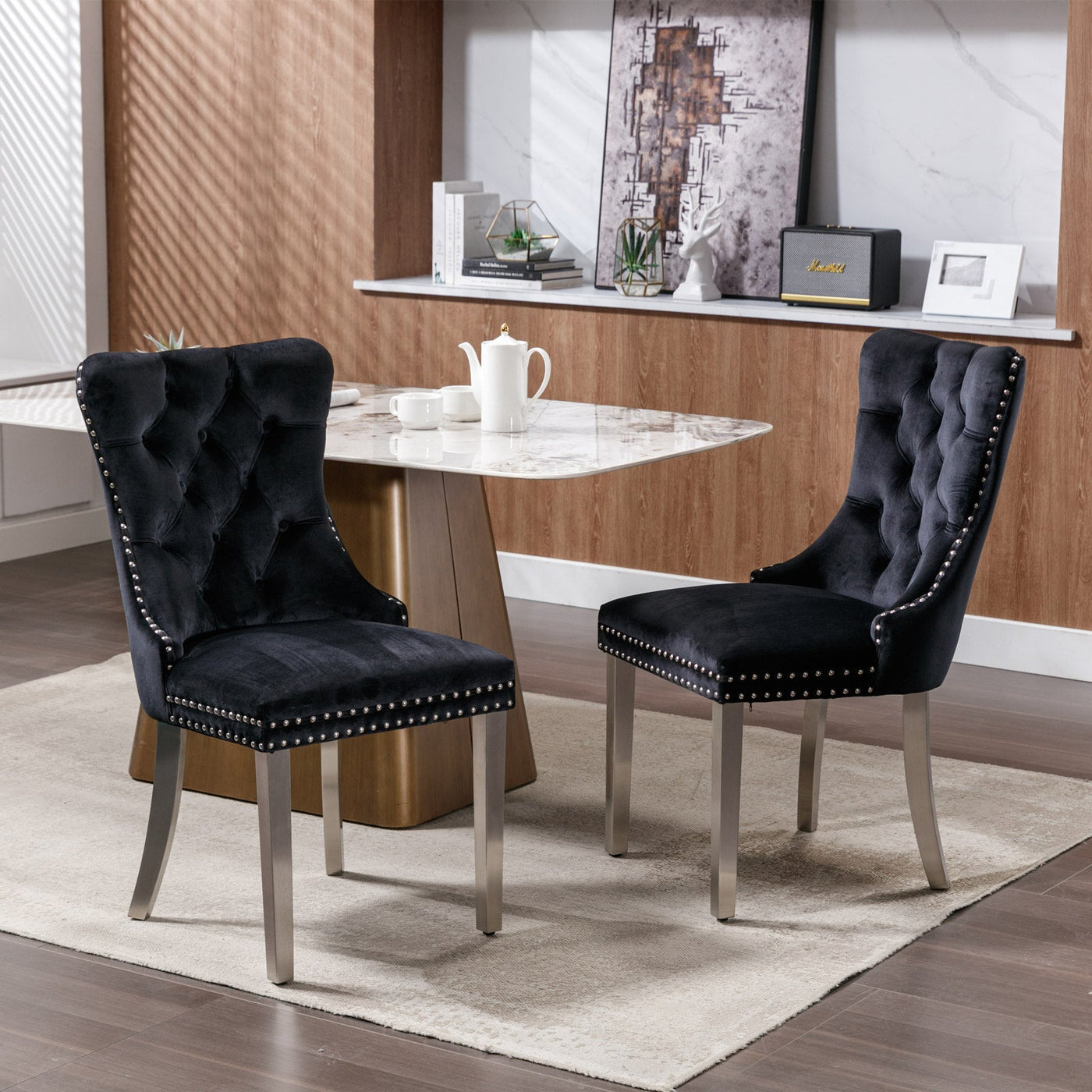 Solid Wood Dining Chair Velvet Cushion Chrome Steel Nail Legs Set