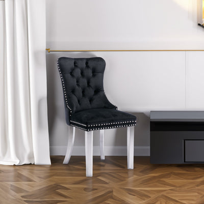Solid Wood Dining Chair Velvet Cushion Chrome Steel Nail Legs Set