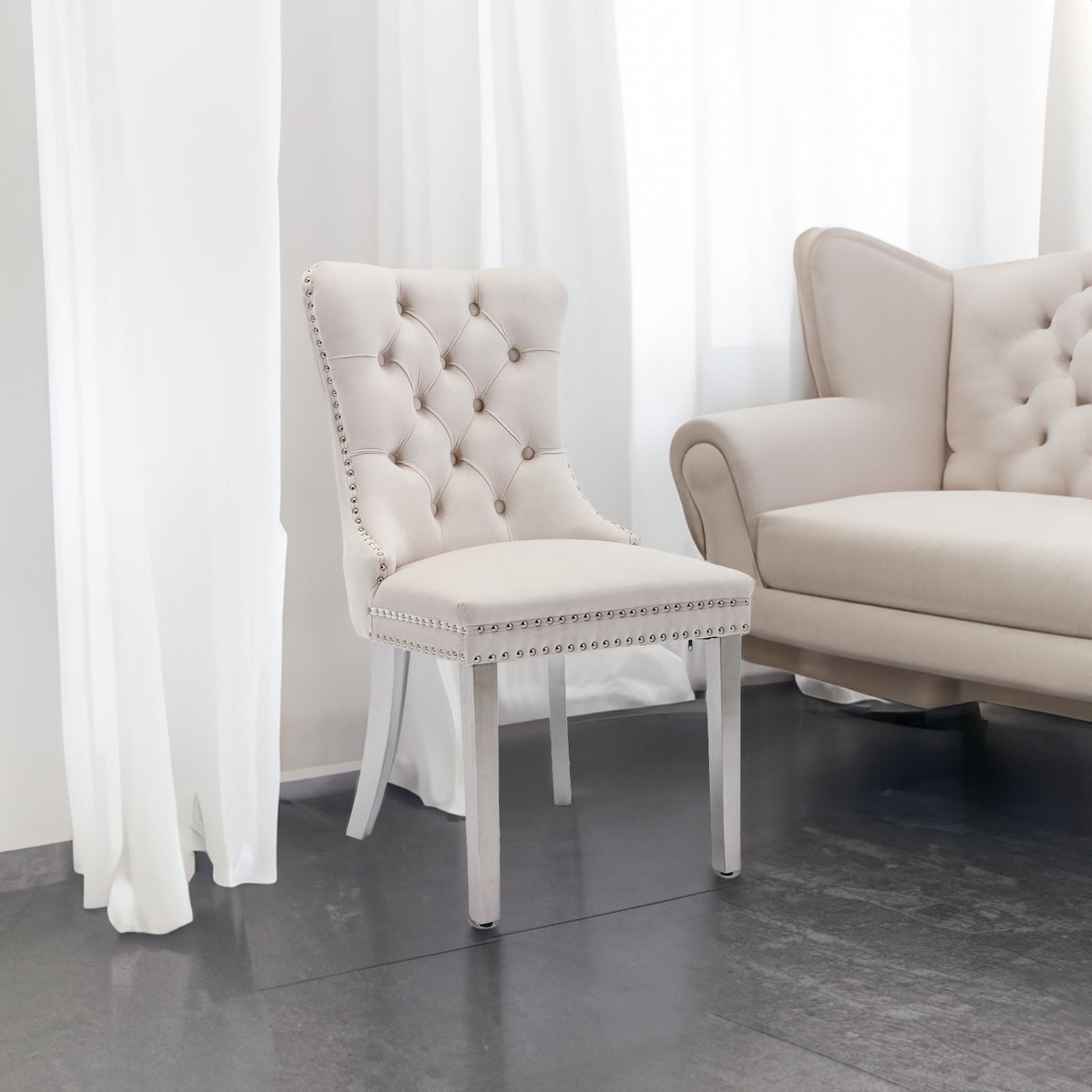 Solid Wood Dining Chair Velvet Cushion Chrome Steel Nail Legs Set