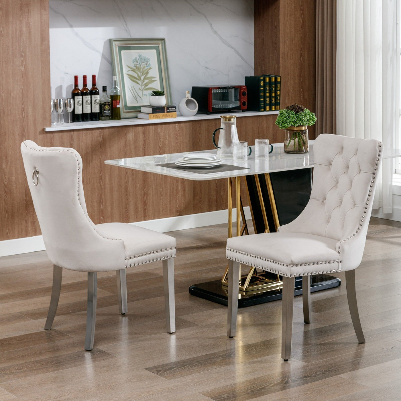 Solid Wood Dining Chair Velvet Cushion Chrome Steel Nail Legs Set