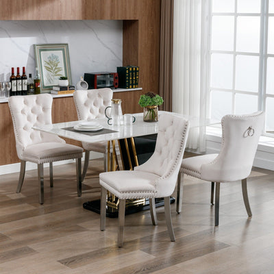 Solid Wood Dining Chair Velvet Cushion Chrome Steel Nail Legs Set
