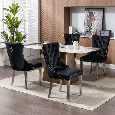 Solid Wood Dining Chair Velvet Cushion Chrome Steel Nail Legs Set