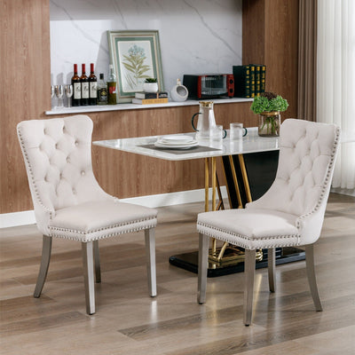 Solid Wood Dining Chair Velvet Cushion Chrome Steel Nail Legs Set