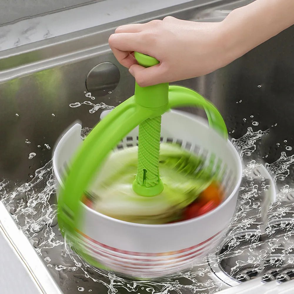 Spin And Drain Salad Bowl With Hand-Pressed Rotating Basket For Easy Cleaning
