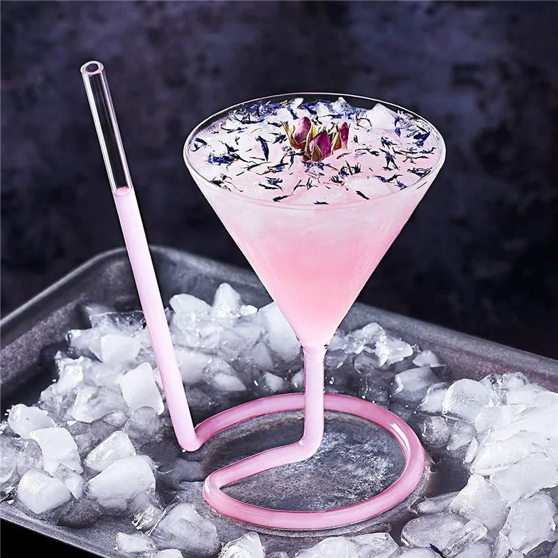 Spiral Straw Cocktail Glass Stylish Triangle Martini Whiskey Party Glass