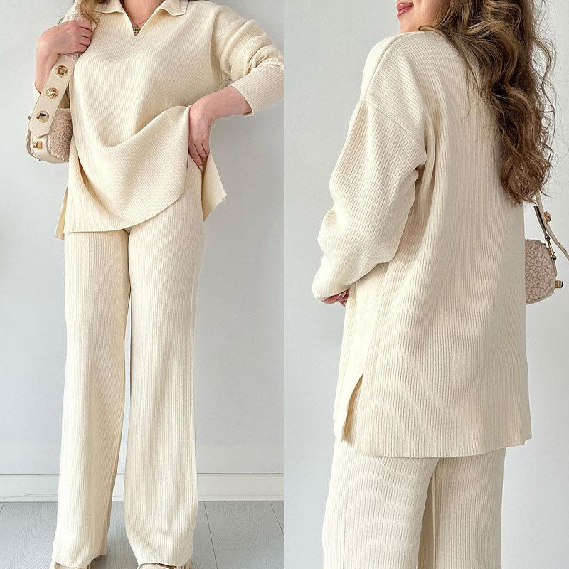 V Neck Casual Slit Knitted Two Piece Set For Women
