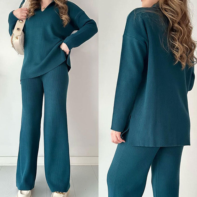 V Neck Casual Slit Knitted Two Piece Set For Women