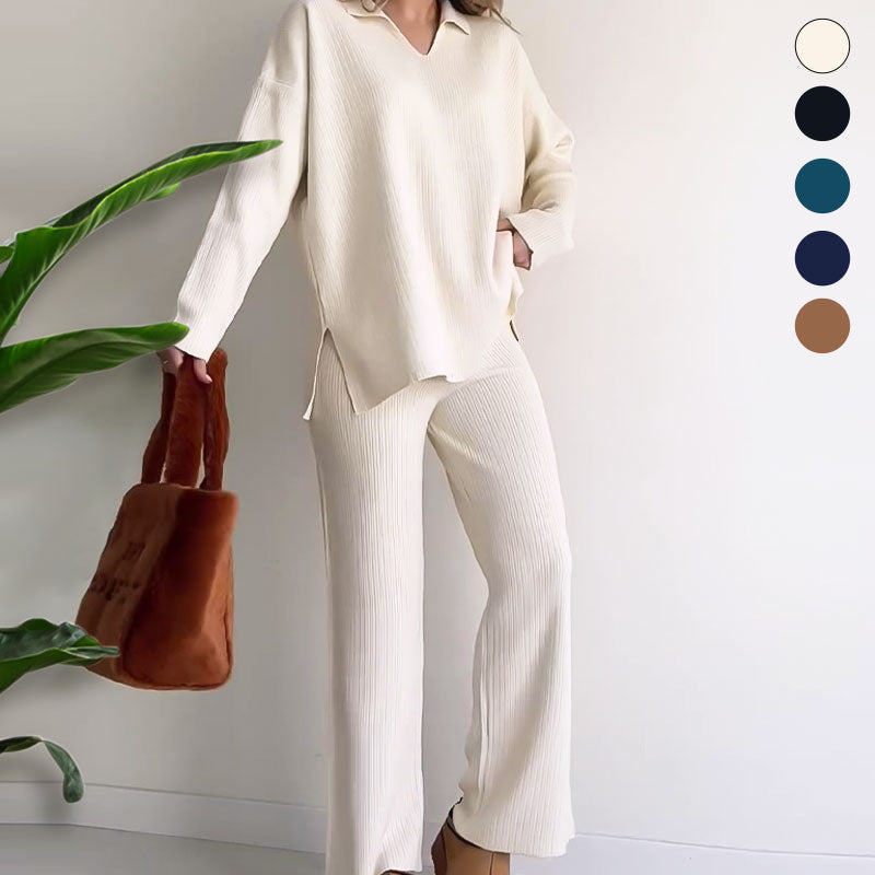 V Neck Casual Slit Knitted Two Piece Set For Women