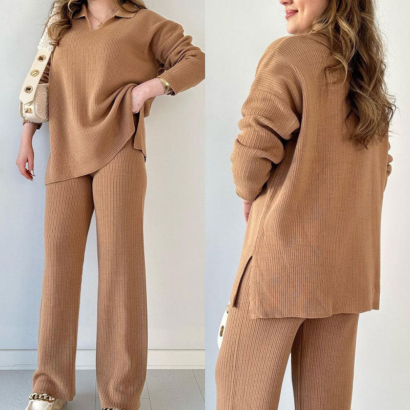 V Neck Casual Slit Knitted Two Piece Set For Women