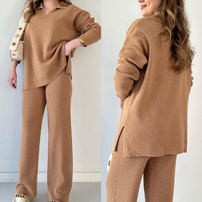 V Neck Casual Slit Knitted Two Piece Set For Women
