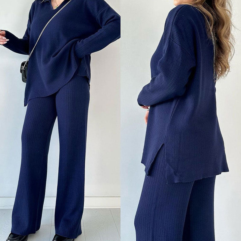 V Neck Casual Slit Knitted Two Piece Set For Women