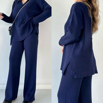 V Neck Casual Slit Knitted Two Piece Set For Women