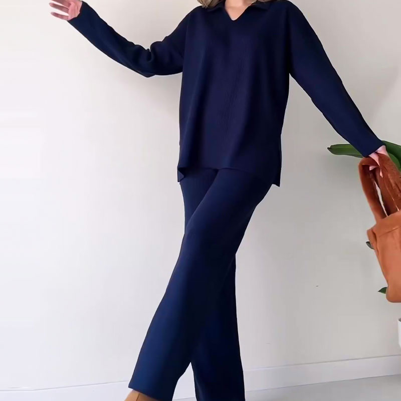 V Neck Casual Slit Knitted Two Piece Set For Women
