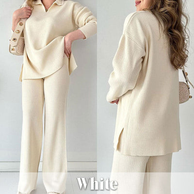 V Neck Casual Slit Knitted Two Piece Set For Women