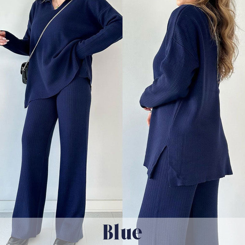 V Neck Casual Slit Knitted Two Piece Set For Women