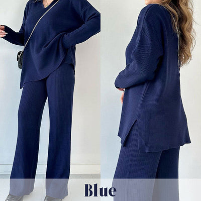 V Neck Casual Slit Knitted Two Piece Set For Women