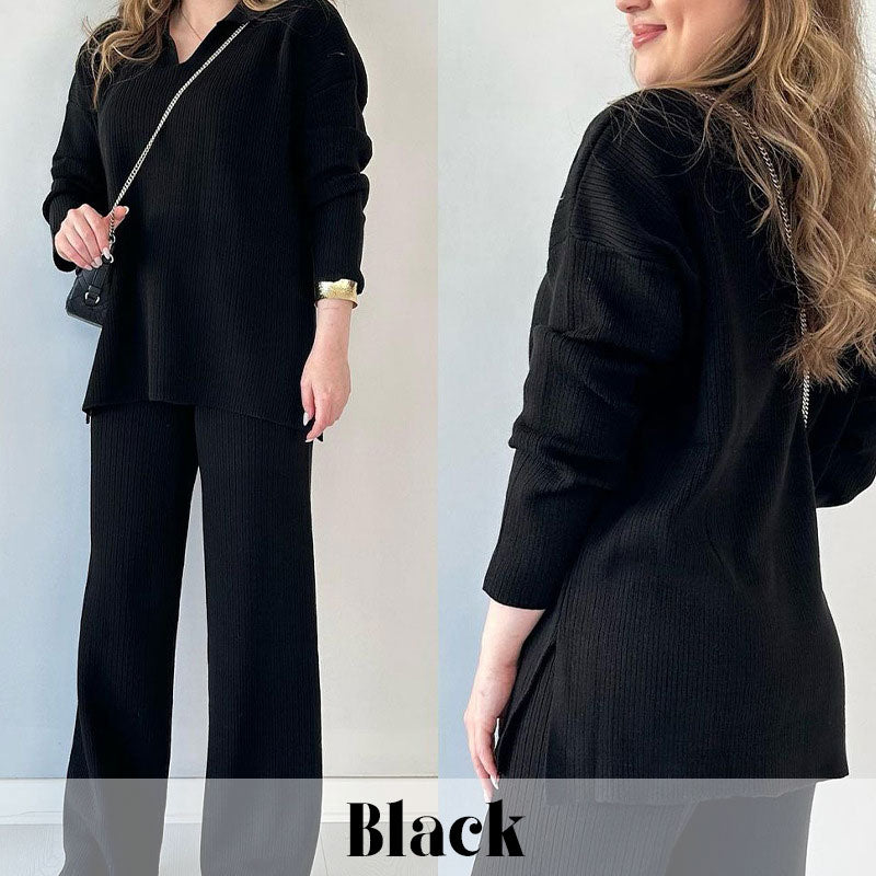 V Neck Casual Slit Knitted Two Piece Set For Women