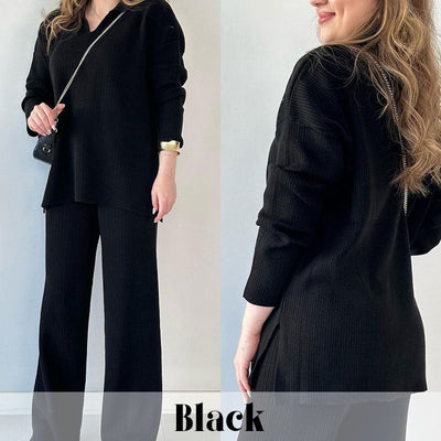 V Neck Casual Slit Knitted Two Piece Set For Women