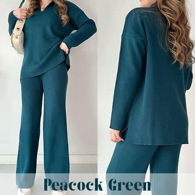 V Neck Casual Slit Knitted Two Piece Set For Women