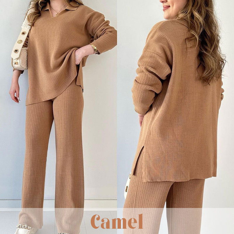 V Neck Casual Slit Knitted Two Piece Set For Women