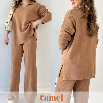 V Neck Casual Slit Knitted Two Piece Set For Women