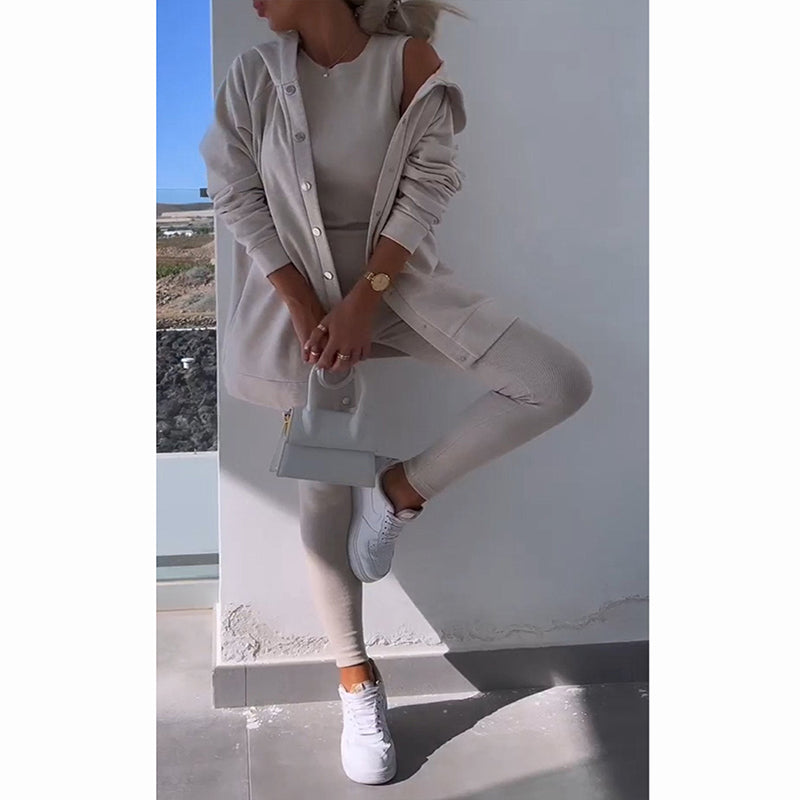 Three-piece Loungewear Set With Hooded Cardigan Vest Leggings