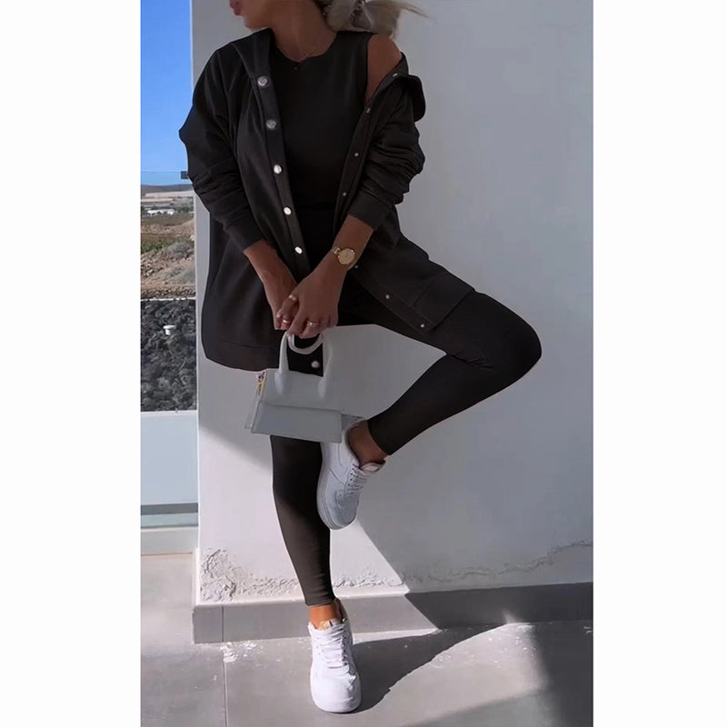 Three-piece Loungewear Set With Hooded Cardigan Vest Leggings