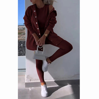 Three-piece Loungewear Set With Hooded Cardigan Vest Leggings