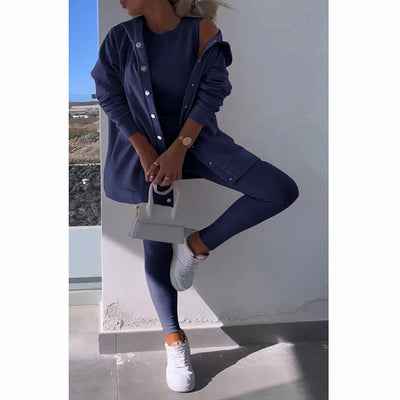 Three-piece Loungewear Set With Hooded Cardigan Vest Leggings