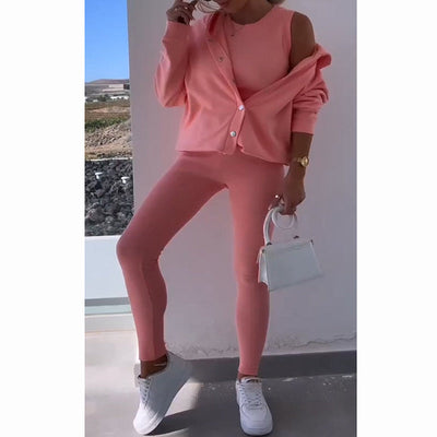 Three-piece Loungewear Set With Hooded Cardigan Vest Leggings