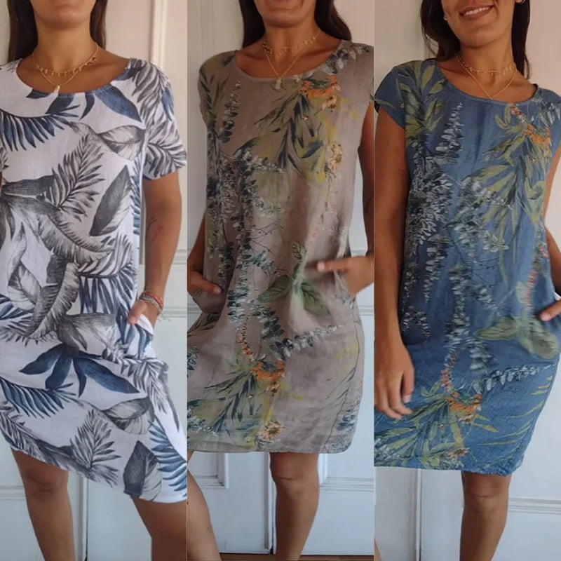 Botanical Print Dress For Women Round Neck Stylish Summer Wear